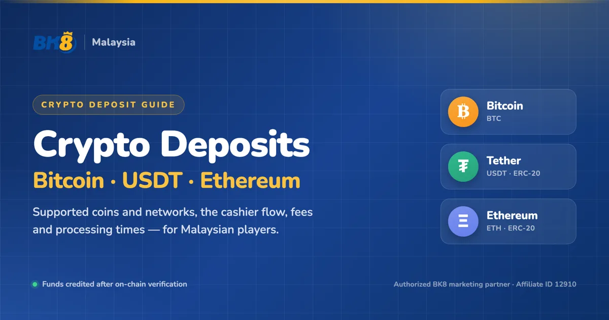 Bitcoin, USDT and Ethereum crypto deposit options on BK8 Malaysia